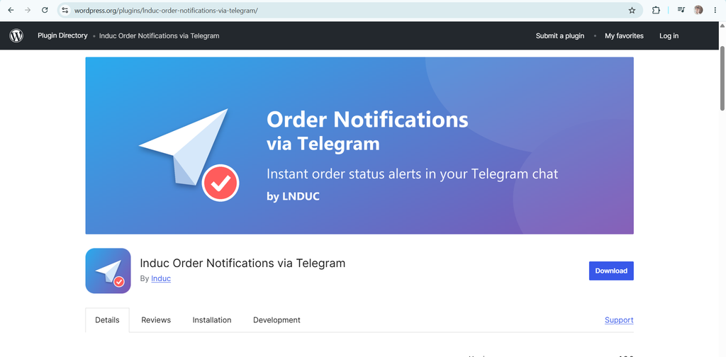 Plugin lnduc Order Notifications via Telegram trên trang wordpress.org